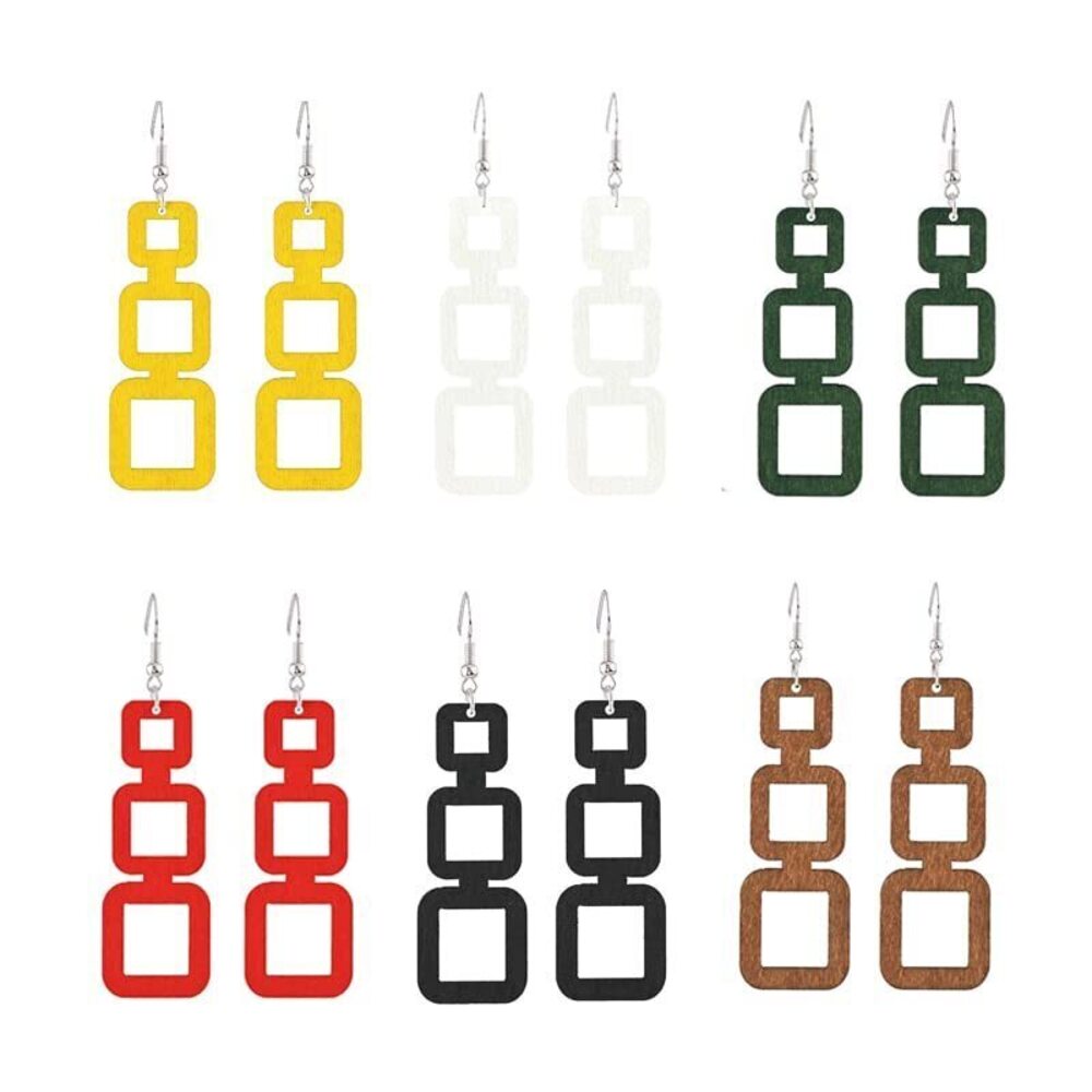 9655 ANXIN STORE Boho Natural Wood Geometric Cutout Round Earrings Vintage